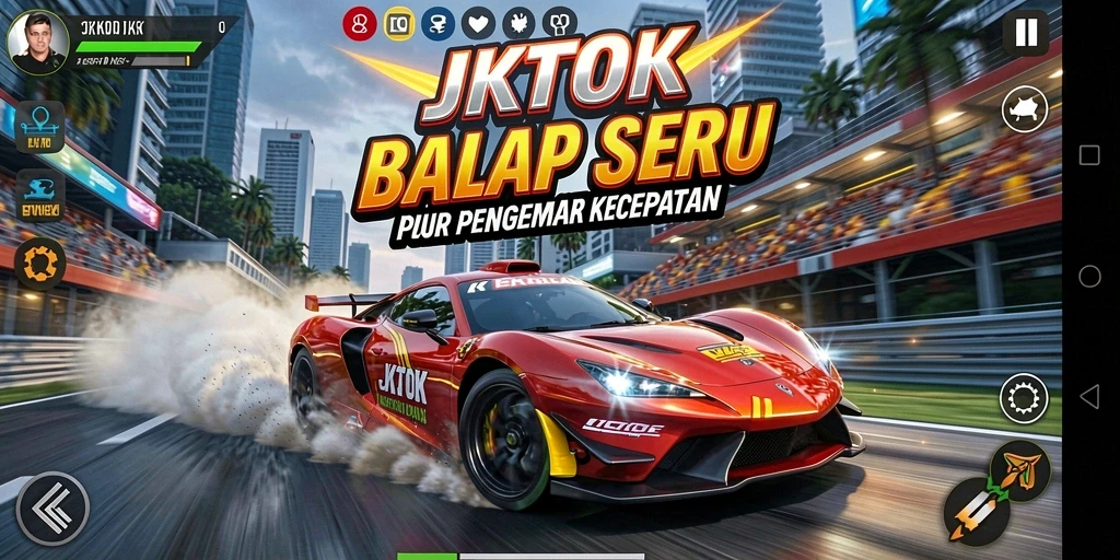 Screenshot gameplay JKTOK yang menampilkan aksi balap yang intens.