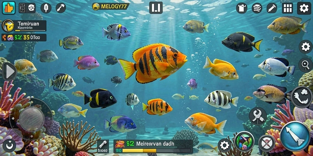 Tampilan gameplay seru dalam MELODY77 saat menembak ikan.
