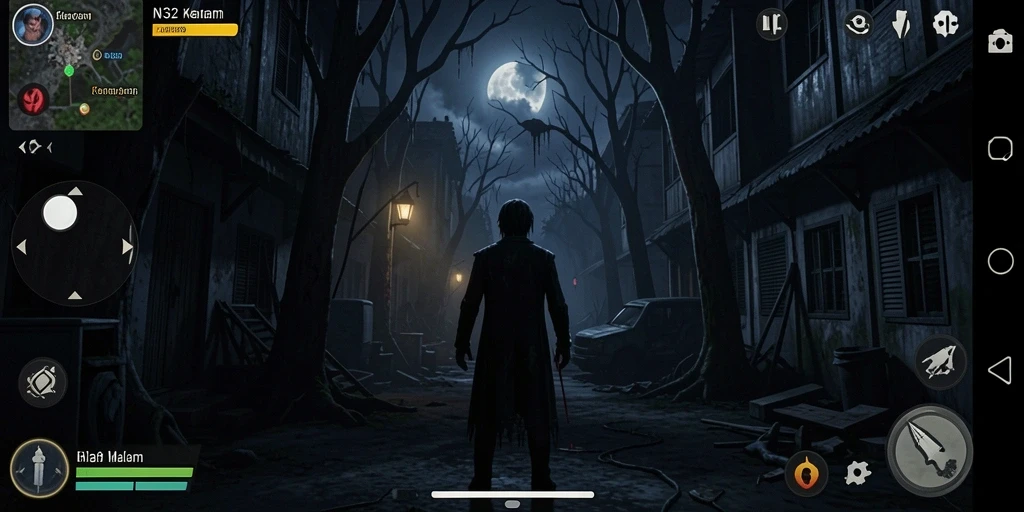Screenshot gameplay N32 menunjukkan suasana menegangkan dan kegelapan yang mencengkeram.