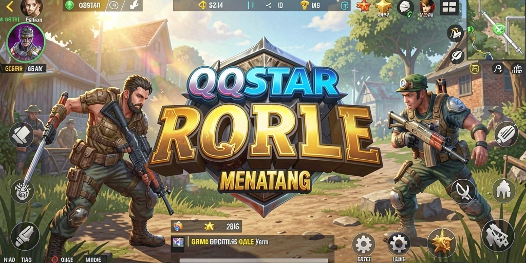 Screenshot gameplay QQSTAR menampilkan pertempuran intens dalam Battle Royale.