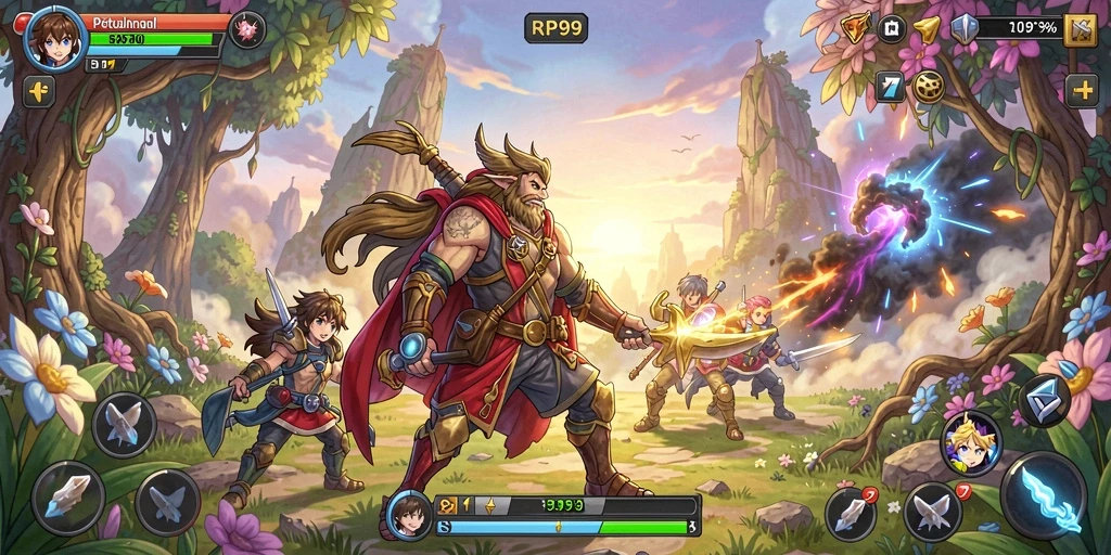 Screenshot utama RP99 menampilkan aksi pertempuran seru dalam dunia anime.